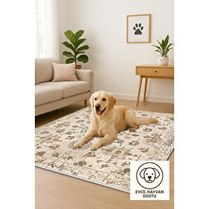 Pamuk Dokuma Taban Halı – Bej; Kahverengi – Oriental Desen, Makinede Yıkanabilir, Kolay Temizlenebilir, Toz Ve Tüy Tutmaz, Kaymaz, Evcil Hayvan Dostu