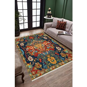 Oturma Odası Halısı – Lacivert; Turuncu – Geleneksel Desen, Makinede Yıkanabilir, Kolay Temizlenebilir, Toz Ve Tüy Tutmaz, Kaymaz, Evcil Hayvan Dostu 120x270 cm