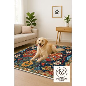 Oturma Odası Halısı – Lacivert; Turuncu – Geleneksel Desen, Makinede Yıkanabilir, Kolay Temizlenebilir, Toz Ve Tüy Tutmaz, Kaymaz, Evcil Hayvan Dostu