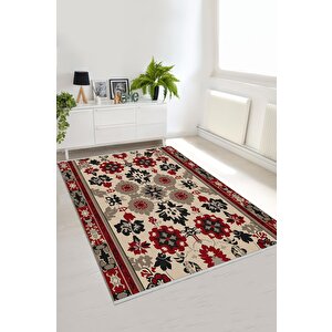 Pamuk Dokuma Taban Halı – Kırmızı; Siyah; Bej; Gri – Floral Desen, Makinede Yıkanabilir, Kolay Temizlenebilir, Toz Ve Tüy Tutmaz, Kaymaz, Evcil Hayvan Dostu 180x200 cm