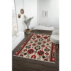 Pamuk Dokuma Taban Halı – Kırmızı; Siyah; Bej; Gri – Floral Desen, Makinede Yıkanabilir, Kolay Temizlenebilir, Toz Ve Tüy Tutmaz, Kaymaz, Evcil Hayvan Dostu 180x200 cm