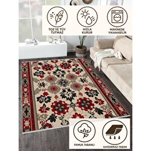 Pamuk Dokuma Taban Halı – Kırmızı; Siyah; Bej; Gri – Floral Desen, Makinede Yıkanabilir, Kolay Temizlenebilir, Toz Ve Tüy Tutmaz, Kaymaz, Evcil Hayvan Dostu