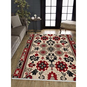 Pamuk Dokuma Taban Halı – Kırmızı; Siyah; Bej; Gri – Floral Desen, Makinede Yıkanabilir, Kolay Temizlenebilir, Toz Ve Tüy Tutmaz, Kaymaz, Evcil Hayvan Dostu