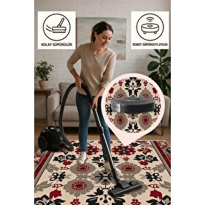 Pamuk Dokuma Taban Halı – Kırmızı; Siyah; Bej; Gri – Floral Desen, Makinede Yıkanabilir, Kolay Temizlenebilir, Toz Ve Tüy Tutmaz, Kaymaz, Evcil Hayvan Dostu