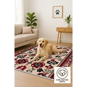 Pamuk Dokuma Taban Halı – Kırmızı; Siyah; Bej; Gri – Floral Desen, Makinede Yıkanabilir, Kolay Temizlenebilir, Toz Ve Tüy Tutmaz, Kaymaz, Evcil Hayvan Dostu