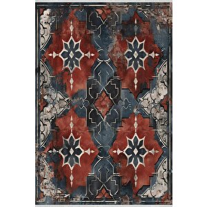 Oturma Odası Halısı – Kırmızı; Lacivert – Eskitilmiş Görünümlü Tasarım, Makinede Yıkanabilir, Kolay Temizlenebilir, Toz Ve Tüy Tutmaz, Kaymaz, Evcil Hayvan Dostu 160x180 cm