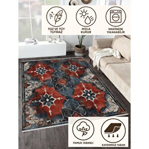 Oturma Odası Halısı – Kırmızı; Lacivert – Eskitilmiş Görünümlü Tasarım, Makinede Yıkanabilir, Kolay Temizlenebilir, Toz Ve Tüy Tutmaz, Kaymaz, Evcil Hayvan Dostu