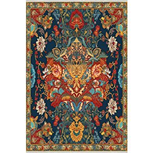 Oturma Odası Halısı – Lacivert; Turuncu – Geleneksel Desen, Makinede Yıkanabilir, Kolay Temizlenebilir, Toz Ve Tüy Tutmaz, Kaymaz, Evcil Hayvan Dostu 80x150 cm
