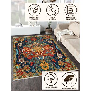 Oturma Odası Halısı – Lacivert; Turuncu – Geleneksel Desen, Makinede Yıkanabilir, Kolay Temizlenebilir, Toz Ve Tüy Tutmaz, Kaymaz, Evcil Hayvan Dostu 80x150 cm