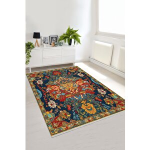 Oturma Odası Halısı – Lacivert; Turuncu – Geleneksel Desen, Makinede Yıkanabilir, Kolay Temizlenebilir, Toz Ve Tüy Tutmaz, Kaymaz, Evcil Hayvan Dostu