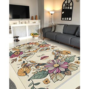 Oturma Odası Halısı – Krem; Turuncu – Sanatsal Portre Ve Çiçek Desen, Makinede Yıkanabilir, Kolay Temizlenebilir, Toz Ve Tüy Tutmaz, Kaymaz, Evcil Hayvan Dostu 100x180 cm