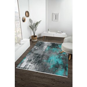 Pamuk Dokuma Taban Halı – Turkuaz; Gri; Siyah; Beyaz – Soyut Desen, Eskitilmiş Görünümlü Tasarım, Makinede Yıkanabilir, Kolay Temizlenebilir, Toz Ve Tüy Tutmaz, Kaymaz, Evcil Hayvan Dostu 120x180 cm