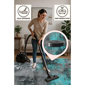 Pamuk Dokuma Taban Halı – Turkuaz; Gri; Siyah; Beyaz – Soyut Desen, Eskitilmiş Görünümlü Tasarım, Makinede Yıkanabilir, Kolay Temizlenebilir, Toz Ve Tüy Tutmaz, Kaymaz, Evcil Hayvan Dostu