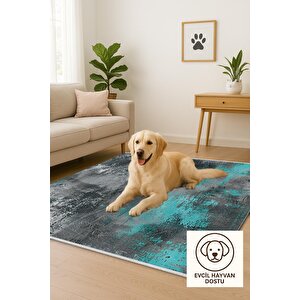 Pamuk Dokuma Taban Halı – Turkuaz; Gri; Siyah; Beyaz – Soyut Desen, Eskitilmiş Görünümlü Tasarım, Makinede Yıkanabilir, Kolay Temizlenebilir, Toz Ve Tüy Tutmaz, Kaymaz, Evcil Hayvan Dostu