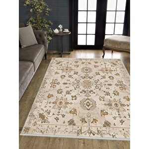 Pamuk Dokuma Taban Halı – Bej; Kahverengi – Oriental Desen, Makinede Yıkanabilir, Kolay Temizlenebilir, Toz Ve Tüy Tutmaz, Kaymaz, Evcil Hayvan Dostu 200x220 cm