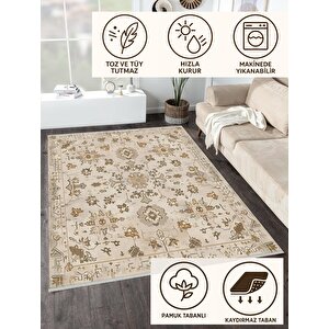 Pamuk Dokuma Taban Halı – Bej; Kahverengi – Oriental Desen, Makinede Yıkanabilir, Kolay Temizlenebilir, Toz Ve Tüy Tutmaz, Kaymaz, Evcil Hayvan Dostu 200x220 cm