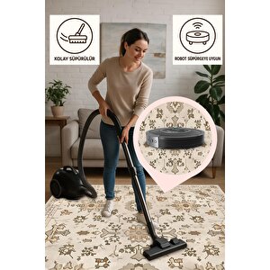 Pamuk Dokuma Taban Halı – Bej; Kahverengi – Oriental Desen, Makinede Yıkanabilir, Kolay Temizlenebilir, Toz Ve Tüy Tutmaz, Kaymaz, Evcil Hayvan Dostu