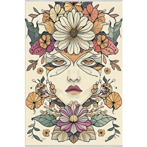 Oturma Odası Halısı – Krem; Turuncu – Sanatsal Portre Ve Çiçek Desen, Makinede Yıkanabilir, Kolay Temizlenebilir, Toz Ve Tüy Tutmaz, Kaymaz, Evcil Hayvan Dostu 150x150 cm