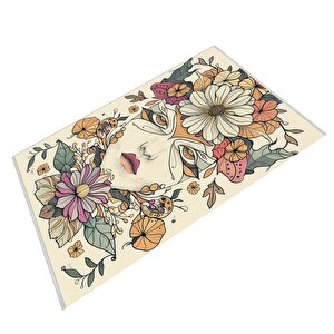 Oturma Odası Halısı – Krem; Turuncu – Sanatsal Portre Ve Çiçek Desen, Makinede Yıkanabilir, Kolay Temizlenebilir, Toz Ve Tüy Tutmaz, Kaymaz, Evcil Hayvan Dostu 150x150 cm