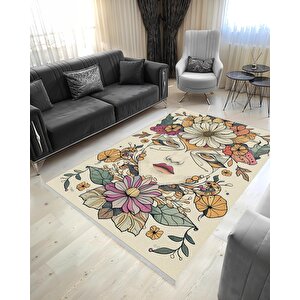 Oturma Odası Halısı – Krem; Turuncu – Sanatsal Portre Ve Çiçek Desen, Makinede Yıkanabilir, Kolay Temizlenebilir, Toz Ve Tüy Tutmaz, Kaymaz, Evcil Hayvan Dostu