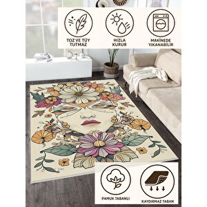 Oturma Odası Halısı – Krem; Turuncu – Sanatsal Portre Ve Çiçek Desen, Makinede Yıkanabilir, Kolay Temizlenebilir, Toz Ve Tüy Tutmaz, Kaymaz, Evcil Hayvan Dostu