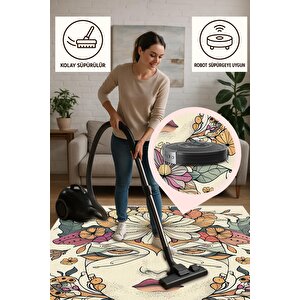 Oturma Odası Halısı – Krem; Turuncu – Sanatsal Portre Ve Çiçek Desen, Makinede Yıkanabilir, Kolay Temizlenebilir, Toz Ve Tüy Tutmaz, Kaymaz, Evcil Hayvan Dostu