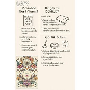 Oturma Odası Halısı – Krem; Turuncu – Sanatsal Portre Ve Çiçek Desen, Makinede Yıkanabilir, Kolay Temizlenebilir, Toz Ve Tüy Tutmaz, Kaymaz, Evcil Hayvan Dostu