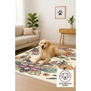 Oturma Odası Halısı – Krem; Turuncu – Sanatsal Portre Ve Çiçek Desen, Makinede Yıkanabilir, Kolay Temizlenebilir, Toz Ve Tüy Tutmaz, Kaymaz, Evcil Hayvan Dostu