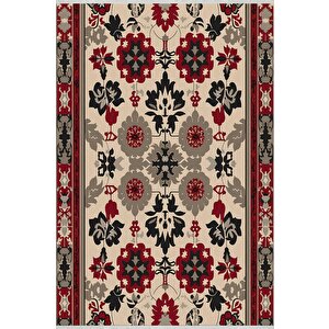 Pamuk Dokuma Taban Halı – Kırmızı; Siyah; Bej; Gri – Floral Desen, Makinede Yıkanabilir, Kolay Temizlenebilir, Toz Ve Tüy Tutmaz, Kaymaz, Evcil Hayvan Dostu