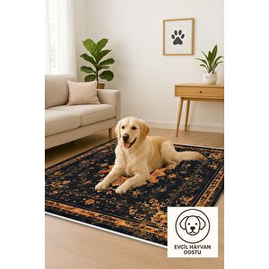 Pamuk Dokuma Taban Halı – Turuncu; Siyah; Krem – Eskitilmiş Görünümlü Oriental Desen, Makinede Yıkanabilir, Kolay Temizlenebilir, Toz Ve Tüy Tutmaz, Kaymaz, Evcil Hayvan Dostu 180x200 cm