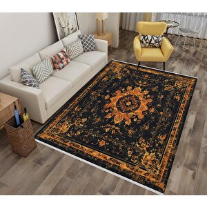 Pamuk Dokuma Taban Halı – Turuncu; Siyah; Krem – Eskitilmiş Görünümlü Oriental Desen, Makinede Yıkanabilir, Kolay Temizlenebilir, Toz Ve Tüy Tutmaz, Kaymaz, Evcil Hayvan Dostu