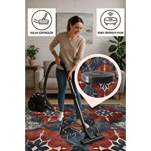 Oturma Odası Halısı – Kırmızı; Lacivert – Eskitilmiş Görünümlü Tasarım, Makinede Yıkanabilir, Kolay Temizlenebilir, Toz Ve Tüy Tutmaz, Kaymaz, Evcil Hayvan Dostu