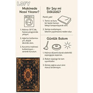 Pamuk Dokuma Taban Halı – Turuncu; Siyah; Krem – Eskitilmiş Görünümlü Oriental Desen, Makinede Yıkanabilir, Kolay Temizlenebilir, Toz Ve Tüy Tutmaz, Kaymaz, Evcil Hayvan Dostu