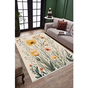 Pamuk Dokuma Taban Halı – Sarı; Yeşil; Krem – Çiçekli Desen, Makinede Yıkanabilir, Kolay Temizlenebilir, Toz Ve Tüy Tutmaz, Kaymaz, Evcil Hayvan Dostu 150x150 cm