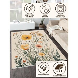 Pamuk Dokuma Taban Halı – Sarı; Yeşil; Krem – Çiçekli Desen, Makinede Yıkanabilir, Kolay Temizlenebilir, Toz Ve Tüy Tutmaz, Kaymaz, Evcil Hayvan Dostu 150x150 cm