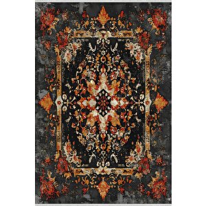 Pamuk Dokuma Taban Halı – Siyah; Kırmızı; Turuncu; Sarı – Eskitilmiş Görünümlü Medalyon Desen, Makinede Yıkanabilir, Kolay Temizlenebilir, Toz Ve Tüy Tutmaz, Kaymaz, Evcil Hayvan Dostu 200x350 cm
