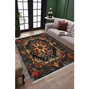 Pamuk Dokuma Taban Halı – Siyah; Kırmızı; Turuncu; Sarı – Eskitilmiş Görünümlü Medalyon Desen, Makinede Yıkanabilir, Kolay Temizlenebilir, Toz Ve Tüy Tutmaz, Kaymaz, Evcil Hayvan Dostu 200x350 cm
