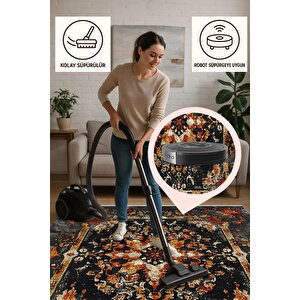 Pamuk Dokuma Taban Halı – Siyah; Kırmızı; Turuncu; Sarı – Eskitilmiş Görünümlü Medalyon Desen, Makinede Yıkanabilir, Kolay Temizlenebilir, Toz Ve Tüy Tutmaz, Kaymaz, Evcil Hayvan Dostu