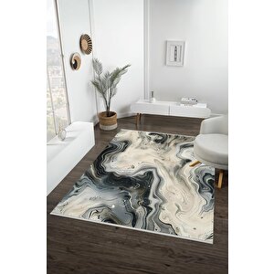 Pamuk Dokuma Taban Halı – Siyah; Gri; Krem – Mermer Desen, Makinede Yıkanabilir, Kolay Temizlenebilir, Toz Ve Tüy Tutmaz, Kaymaz, Evcil Hayvan Dostu 160x180 cm