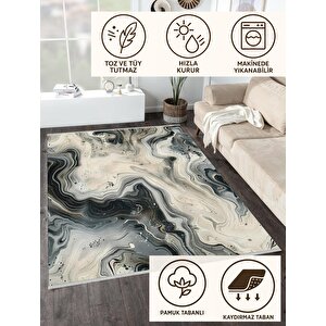 Pamuk Dokuma Taban Halı – Siyah; Gri; Krem – Mermer Desen, Makinede Yıkanabilir, Kolay Temizlenebilir, Toz Ve Tüy Tutmaz, Kaymaz, Evcil Hayvan Dostu