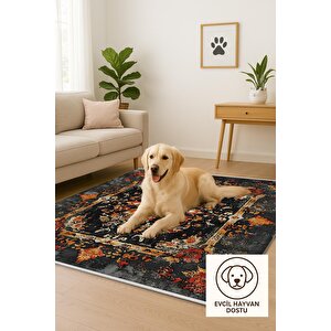Pamuk Dokuma Taban Halı – Siyah; Kırmızı; Turuncu; Sarı – Eskitilmiş Görünümlü Medalyon Desen, Makinede Yıkanabilir, Kolay Temizlenebilir, Toz Ve Tüy Tutmaz, Kaymaz, Evcil Hayvan Dostu