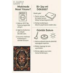 Pamuk Dokuma Taban Halı – Siyah; Kırmızı; Turuncu; Sarı – Eskitilmiş Görünümlü Medalyon Desen, Makinede Yıkanabilir, Kolay Temizlenebilir, Toz Ve Tüy Tutmaz, Kaymaz, Evcil Hayvan Dostu