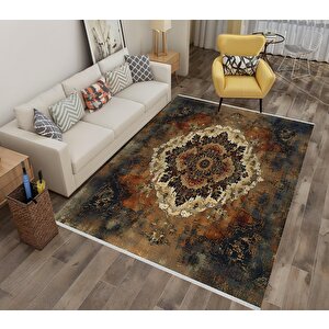 Pamuk Dokuma Taban Halı – Lacivert; Krem; Kahverengi – Eskitilmiş Görünümlü Medalyon Desen, Makinede Yıkanabilir, Kolay Temizlenebilir, Toz Ve Tüy Tutmaz, Kaymaz, Evcil Hayvan Dostu