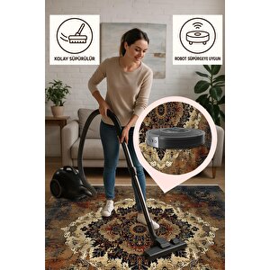 Pamuk Dokuma Taban Halı – Lacivert; Krem; Kahverengi – Eskitilmiş Görünümlü Medalyon Desen, Makinede Yıkanabilir, Kolay Temizlenebilir, Toz Ve Tüy Tutmaz, Kaymaz, Evcil Hayvan Dostu