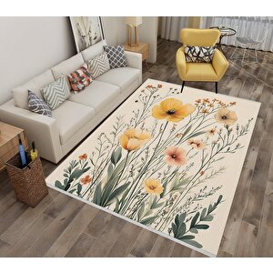 Pamuk Dokuma Taban Halı – Sarı; Yeşil; Krem – Çiçekli Desen, Makinede Yıkanabilir, Kolay Temizlenebilir, Toz Ve Tüy Tutmaz, Kaymaz, Evcil Hayvan Dostu