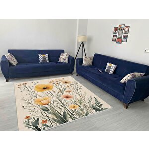 Pamuk Dokuma Taban Halı – Sarı; Yeşil; Krem – Çiçekli Desen, Makinede Yıkanabilir, Kolay Temizlenebilir, Toz Ve Tüy Tutmaz, Kaymaz, Evcil Hayvan Dostu