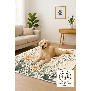 Pamuk Dokuma Taban Halı – Sarı; Yeşil; Krem – Çiçekli Desen, Makinede Yıkanabilir, Kolay Temizlenebilir, Toz Ve Tüy Tutmaz, Kaymaz, Evcil Hayvan Dostu