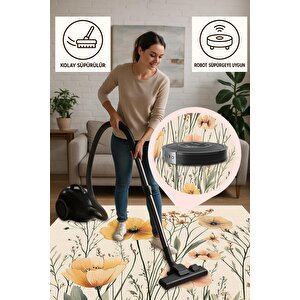 Pamuk Dokuma Taban Halı – Sarı; Yeşil; Krem – Çiçekli Desen, Makinede Yıkanabilir, Kolay Temizlenebilir, Toz Ve Tüy Tutmaz, Kaymaz, Evcil Hayvan Dostu