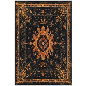 Pamuk Dokuma Taban Halı – Turuncu; Siyah; Krem – Eskitilmiş Görünümlü Oriental Desen, Makinede Yıkanabilir, Kolay Temizlenebilir, Toz Ve Tüy Tutmaz, Kaymaz, Evcil Hayvan Dostu 200x220 cm