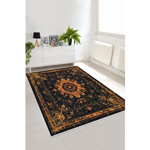 Pamuk Dokuma Taban Halı – Turuncu; Siyah; Krem – Eskitilmiş Görünümlü Oriental Desen, Makinede Yıkanabilir, Kolay Temizlenebilir, Toz Ve Tüy Tutmaz, Kaymaz, Evcil Hayvan Dostu